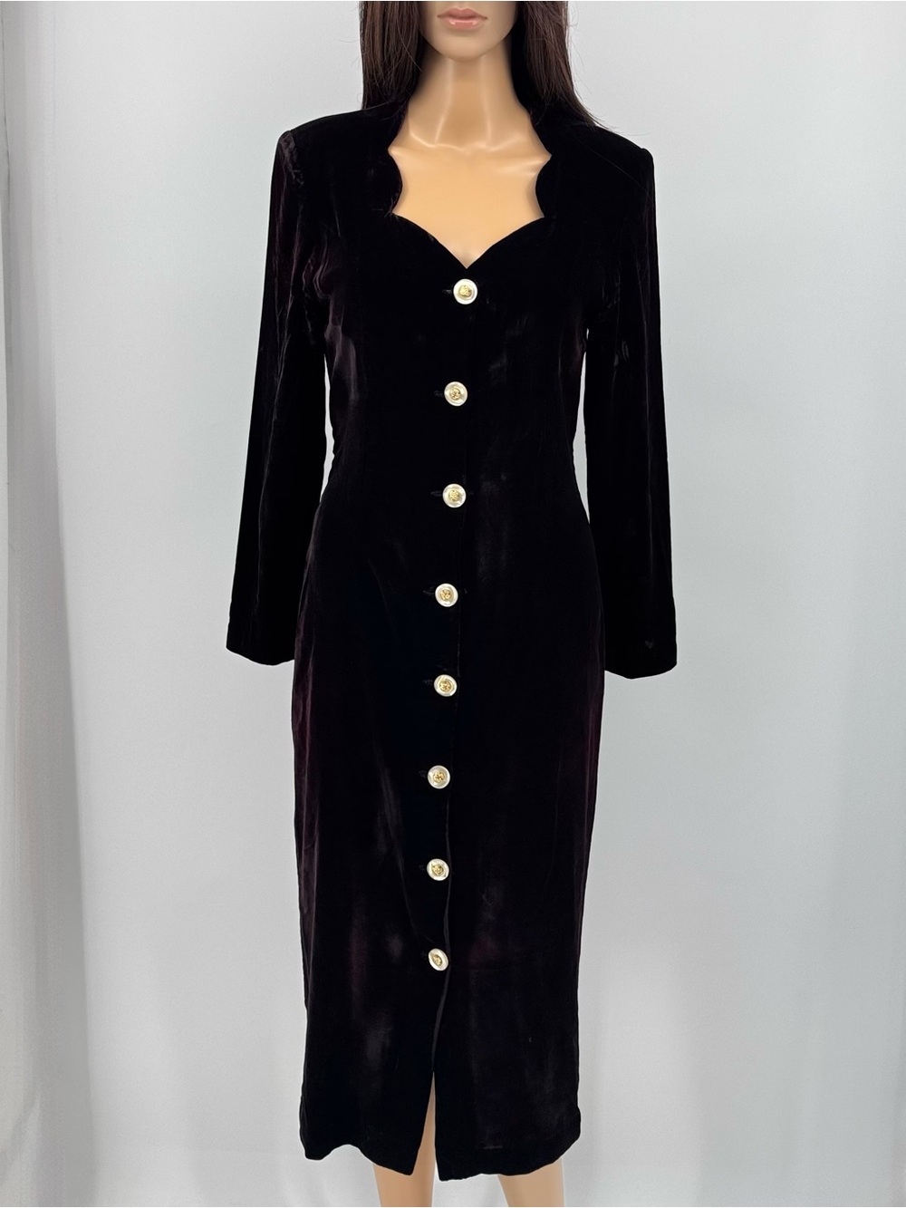 Vintage 50s Mid Century Art Deco Velvet Burgundy Long Sleeve Bias Cut Midi Dress